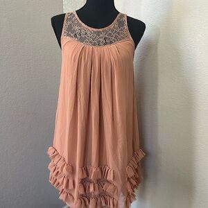 Above the knee. Pink dress